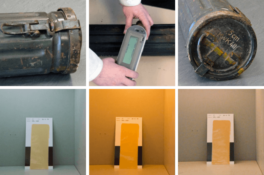 Spectrophotometer analyzing actual colour pigments on equipment 