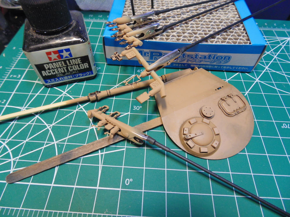 Completed turret top and parts on sticks