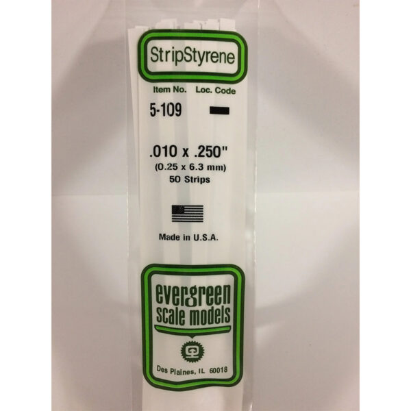 Evergreen .010 x .250 inch Opaque White Polystyrene Strip Bulk Pack of 50 EVE 5109