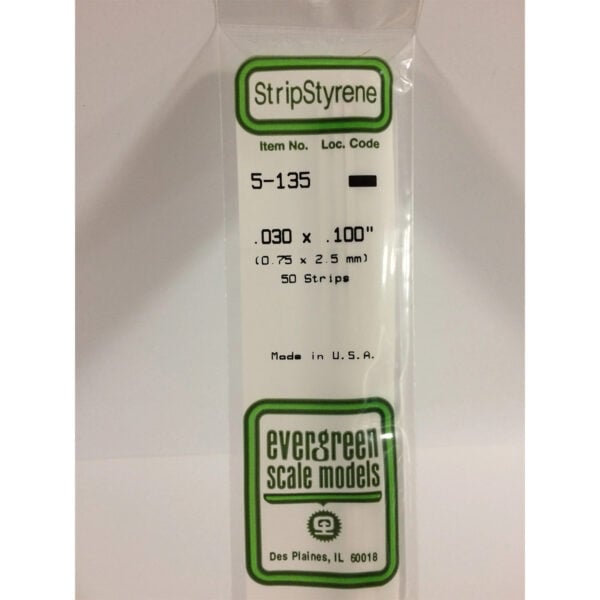 Evergreen .030 x .100 inch Opaque White Polystyrene Strip Bulk Pack of 50 EVE 5135