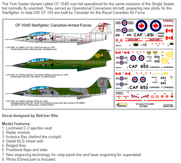 Decals Kinetic RCAF CF-104D Starfighter 1/48 Scale K48095