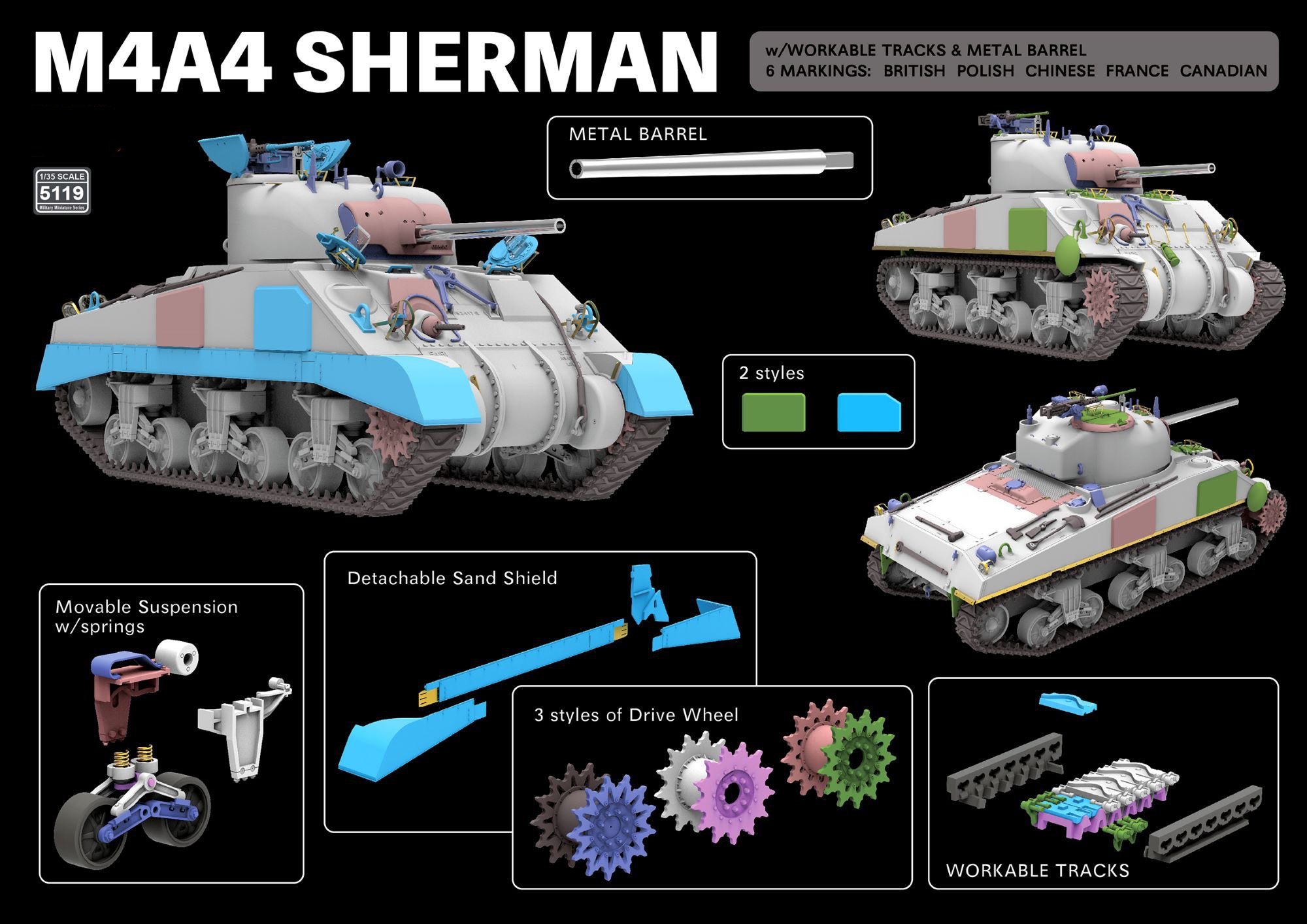 RyeField Model M4A4 Sherman with Workable Tracks and Metal Barrel ...